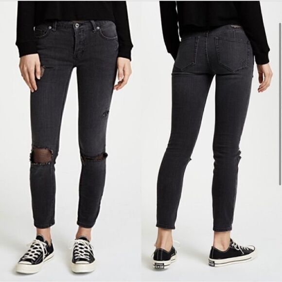 Free People Fishnet Patch Skinny Jean Button Fly Washed Out Black - Picture 1 of 15